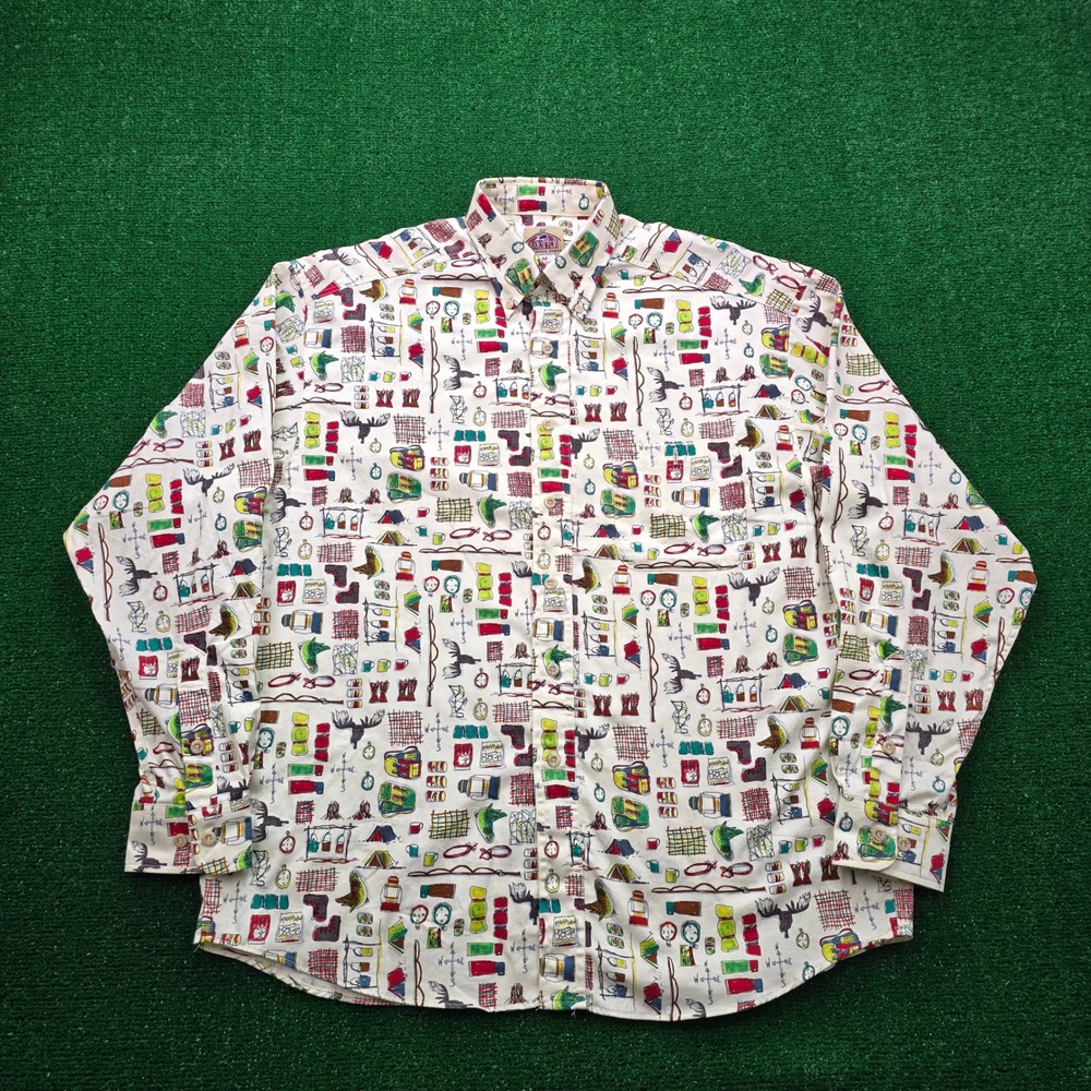 Barn Fly Shirt Mens Medium Camping‎ Trip AOP Tents Canoes Vintage Made in USA